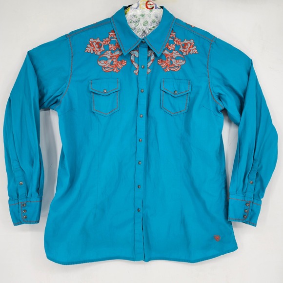 Ariat Tops - Ariat Snap Shirt Womens XXL Long Sleeve Western Teal Embroidered Rodeo